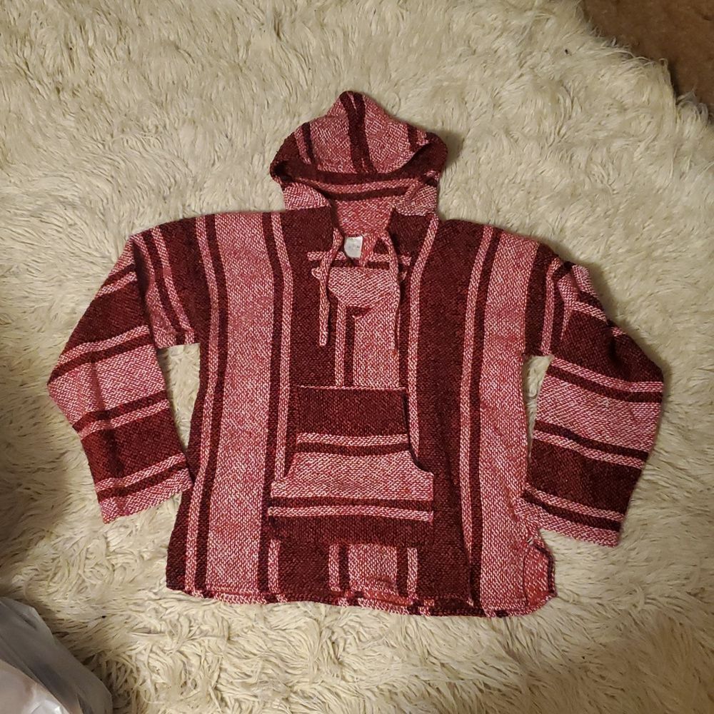 Red‎ And Magenta Striped 90S Baja Bojo Hoodie Poncho Rug Size Large